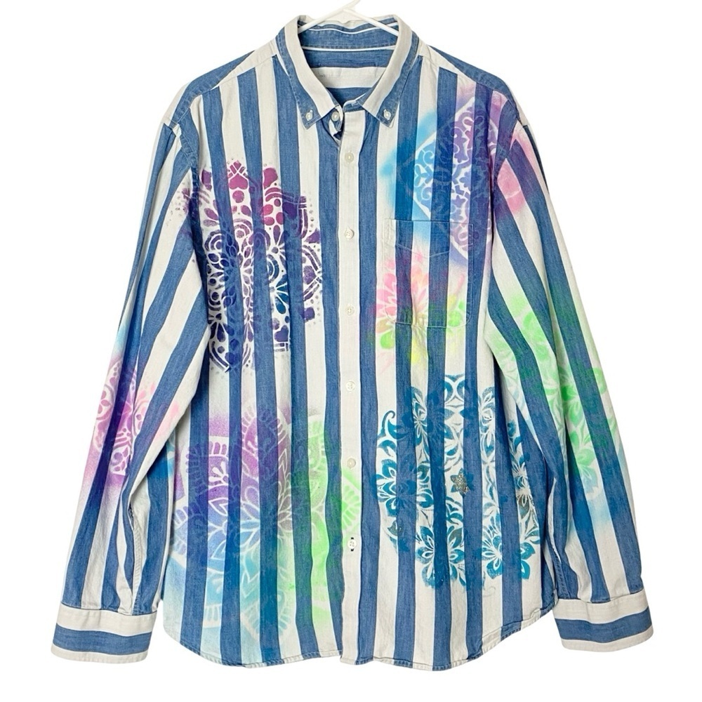 Handmade Floral Striped Button Down Shirt Womens Size XL Chambray Colorful Multi